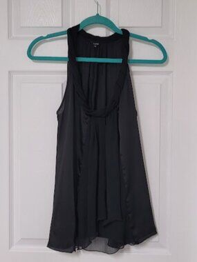 Lapis Black Satin w/Sheer Sleeveless Draped Blouse–Size Medium–Flowy Layered Top